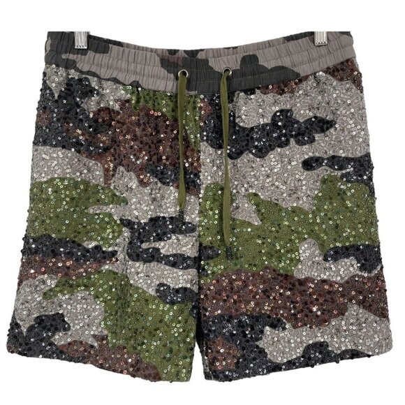 NEW Retrofete Idan Camo Army Sequin High Waisted Loose Fit Cargo Shorts Medium